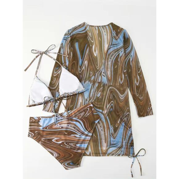 Blue Tan Marble Three-Piece High Waist Bikini Set Size 3XL - Picture 6 of 7